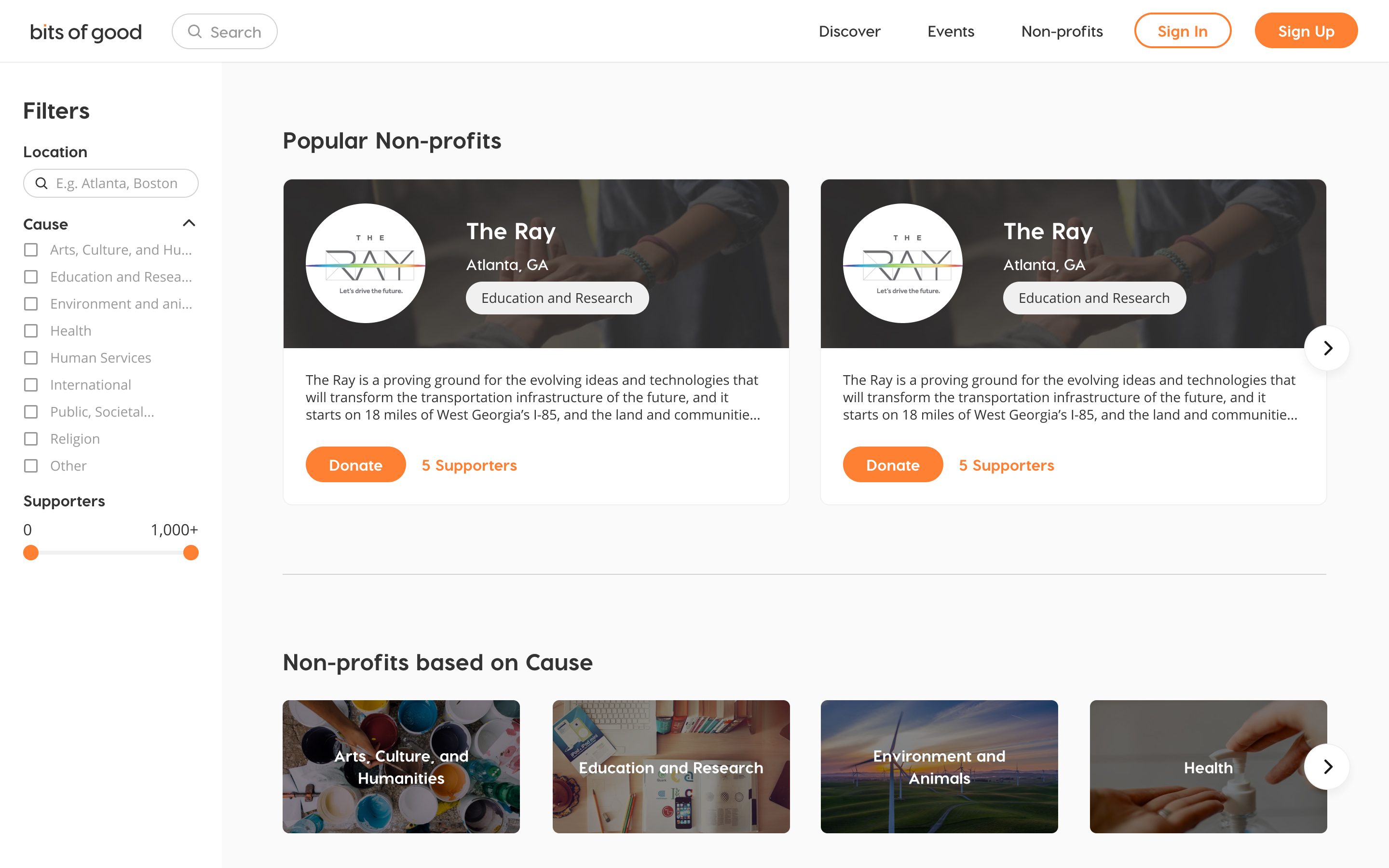 Landing screen for the Non-profits page. Shows popular non-profits and the ability to filter non-profits by impact cause.