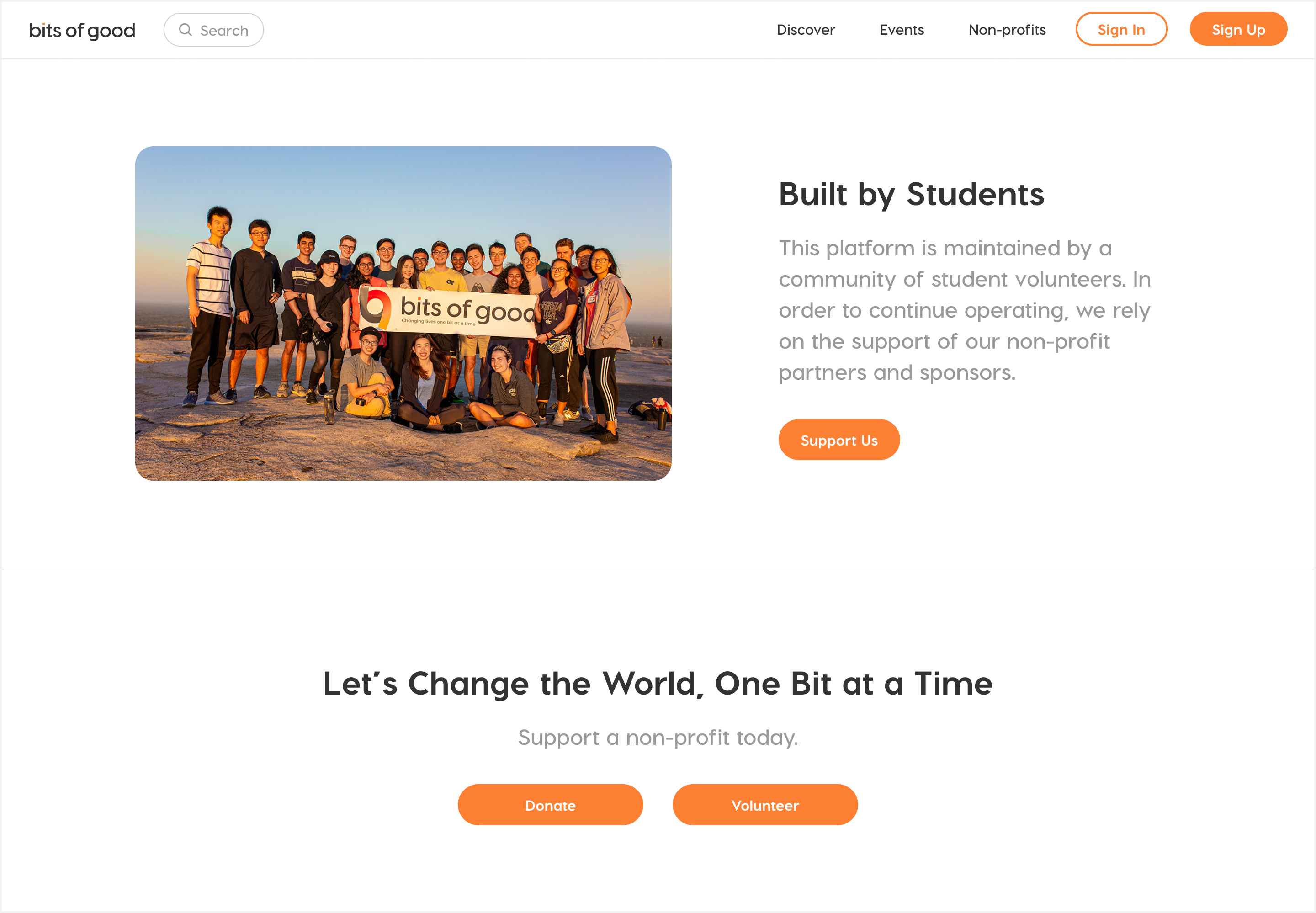 A section of the landing page that highlights Bits of Good, the student organization.