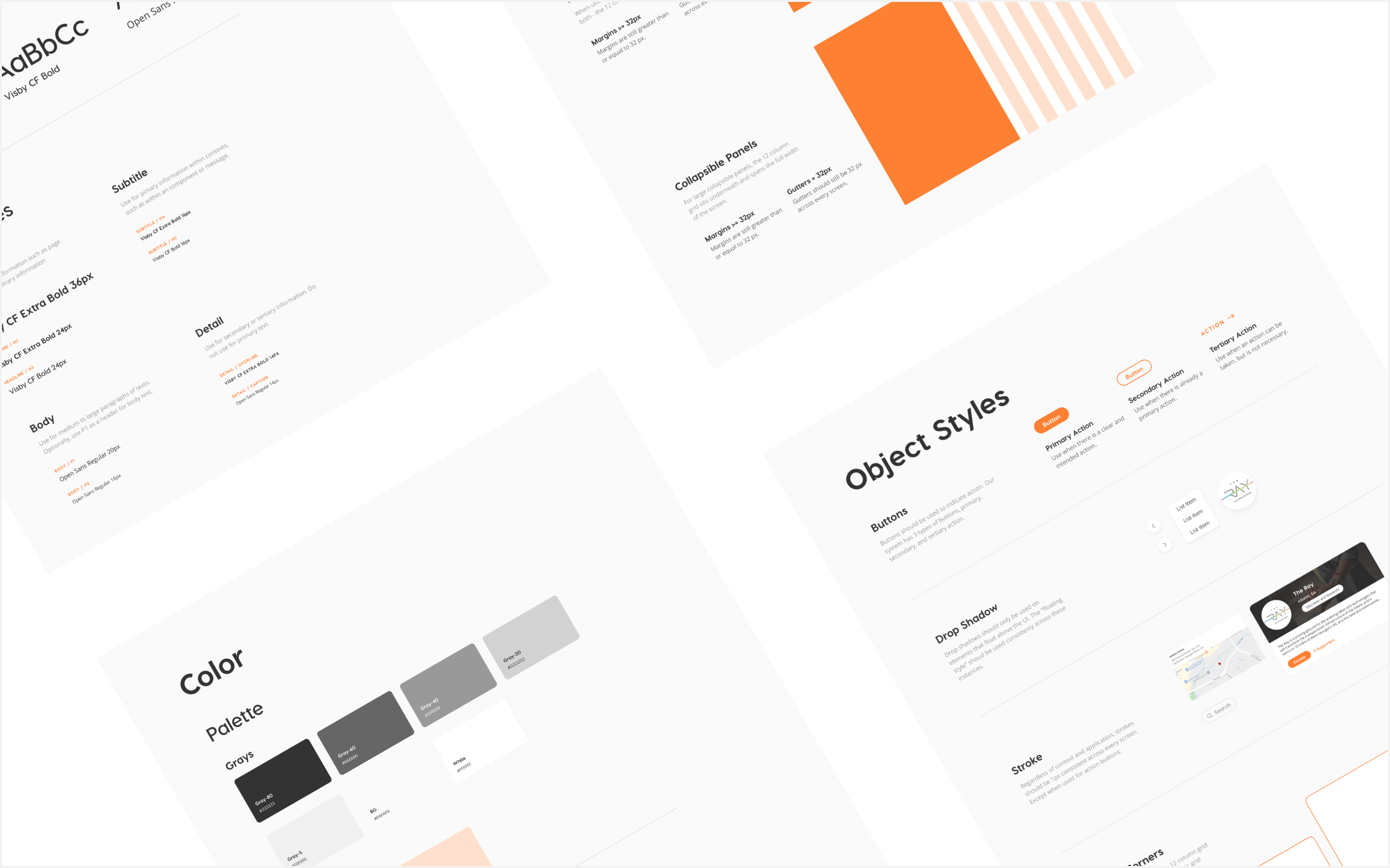Overview of the design system used for this product. Shows highlight of color, type, grid, and object style system.